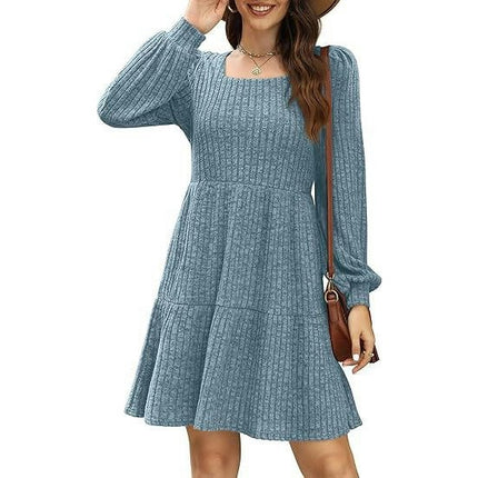 Womens Square Neck Long Sleeve Fall Dresses Casual Babydoll Sweater Dress