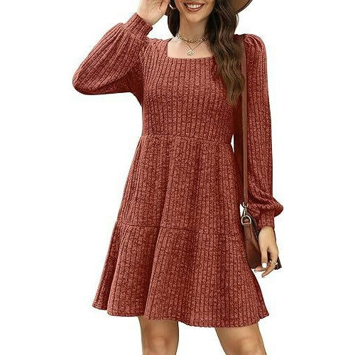 Womens Square Neck Long Sleeve Fall Dresses Casual Babydoll Sweater Dress