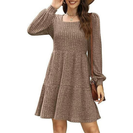 Womens Square Neck Long Sleeve Fall Dresses Casual Babydoll Sweater Dress