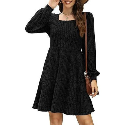 Womens Square Neck Long Sleeve Fall Dresses Casual Babydoll Sweater Dress