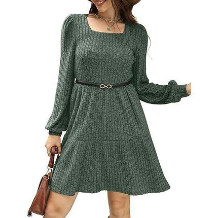 Womens Square Neck Long Sleeve Fall Dresses Casual Babydoll Sweater Dress