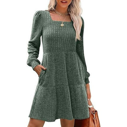 Womens Square Neck Long Sleeve Fall Dresses Casual Babydoll Sweater Dress