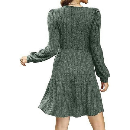 Womens Square Neck Long Sleeve Fall Dresses Casual Babydoll Sweater Dress