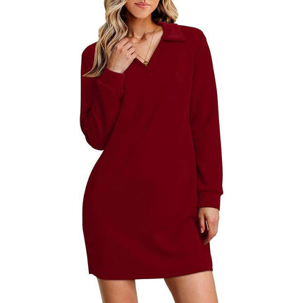 Womens Long Sleeve Lapel Collared V Neck Dress Loose Fit Solid Color Mini Dresses