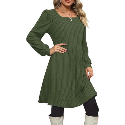 Womens Babydoll Sweater Dresses Square Neck Long Sleeve Swing Mini Dresses with Pocket