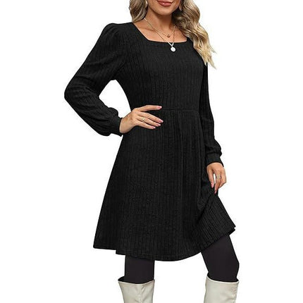 Womens Babydoll Sweater Dresses Square Neck Long Sleeve Swing Mini Dresses with Pocket