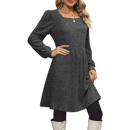 Womens Babydoll Sweater Dresses Square Neck Long Sleeve Swing Mini Dresses with Pocket