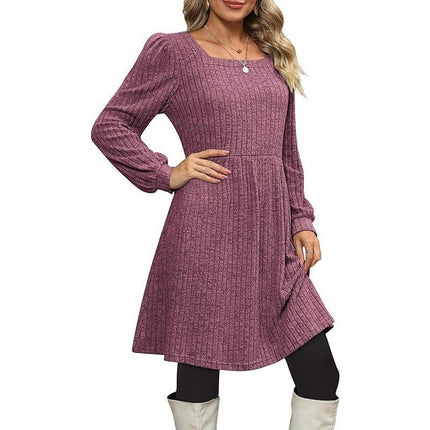 Womens Babydoll Sweater Dresses Square Neck Long Sleeve Swing Mini Dresses with Pocket