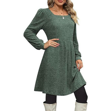 Womens Babydoll Sweater Dresses Square Neck Long Sleeve Swing Mini Dresses with Pocket