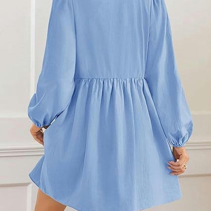 Women's Dress Long Puff Sleeve Tie Front Babydoll A Line Pleated Cute Mini Tunic Dresses