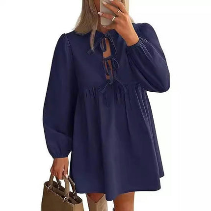 Women's Dress Long Puff Sleeve Tie Front Babydoll A Line Pleated Cute Mini Tunic Dresses