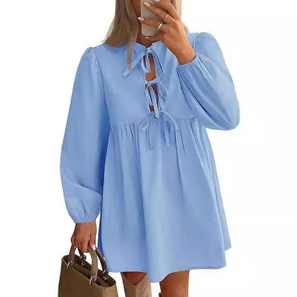 Women's Dress Long Puff Sleeve Tie Front Babydoll A Line Pleated Cute Mini Tunic Dresses