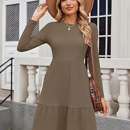 Womens Winter Crewneck Long Sleeve Dresses Knee Length Knit Sweater Dress