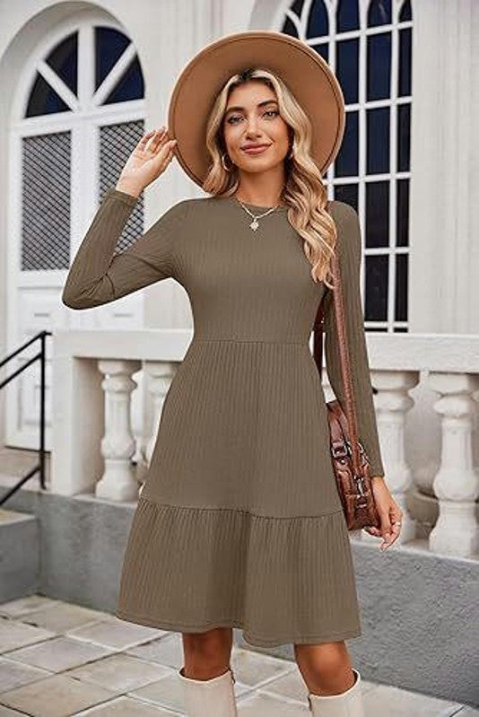 Womens Winter Crewneck Long Sleeve Dresses Knee Length Knit Sweater Dress