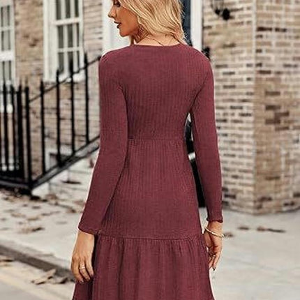 Womens Winter Crewneck Long Sleeve Dresses Knee Length Knit Sweater Dress