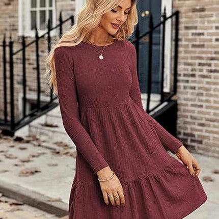 Womens Winter Crewneck Long Sleeve Dresses Knee Length Knit Sweater Dress