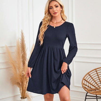 Women's Casual Knit Sweater Dress Crew Neck Long Sleeve Knee Length Babydoll Dresses