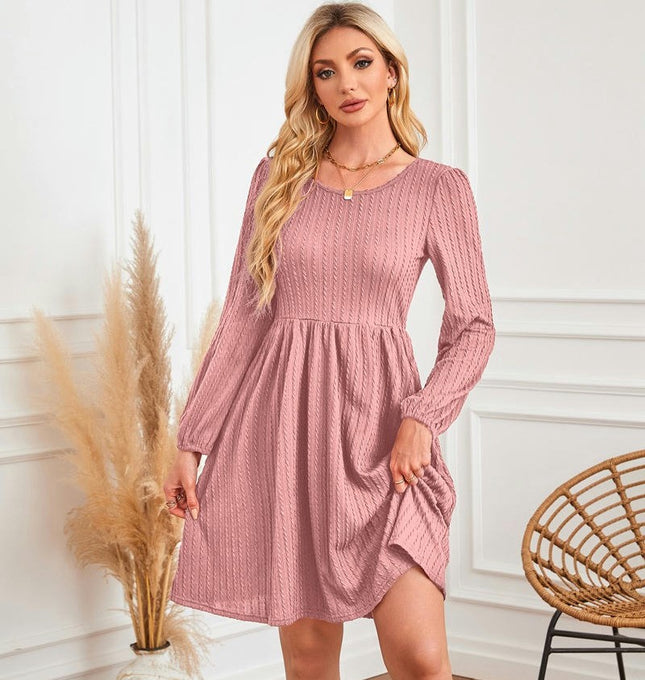 Women's Casual Knit Sweater Dress Crew Neck Long Sleeve Knee Length Babydoll Dresses