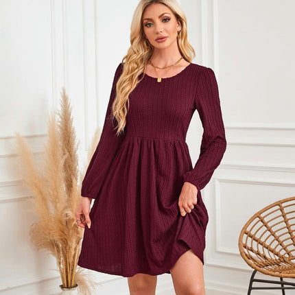 Women's Casual Knit Sweater Dress Crew Neck Long Sleeve Knee Length Babydoll Dresses