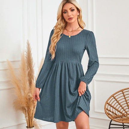 Women's Casual Knit Sweater Dress Crew Neck Long Sleeve Knee Length Babydoll Dresses