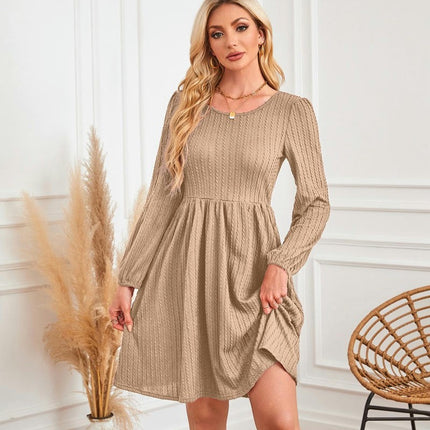 Women's Casual Knit Sweater Dress Crew Neck Long Sleeve Knee Length Babydoll Dresses