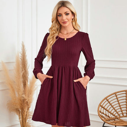 Women's Casual Knit Sweater Dress Crew Neck Long Sleeve Knee Length Babydoll Dresses