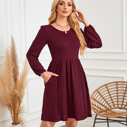 Women's Casual Knit Sweater Dress Crew Neck Long Sleeve Knee Length Babydoll Dresses