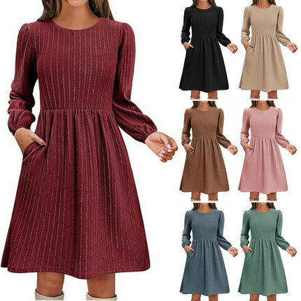 Women's Casual Knit Sweater Dress Crew Neck Long Sleeve Knee Length Babydoll Dresses