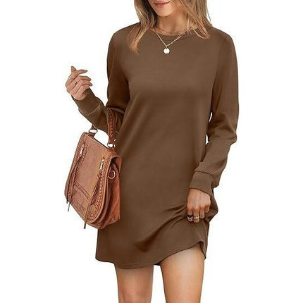 Womens Long Sleeve Dress Loose Fit Casual Crewneck Mini Dresses with Pockets