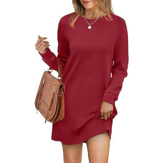 Womens Long Sleeve Dress Loose Fit Casual Crewneck Mini Dresses with Pockets