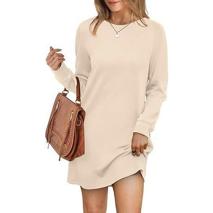 Womens Long Sleeve Dress Loose Fit Casual Crewneck Mini Dresses with Pockets