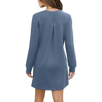 Womens Long Sleeve Dress Loose Fit Casual Crewneck Mini Dresses with Pockets