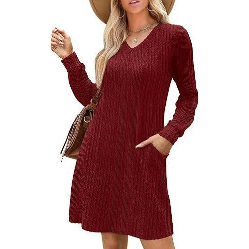 Women's V Neck Sweater Dress Long Sleeve Casual Knee Length Dress with Pocket