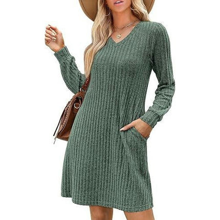 Women's V Neck Sweater Dress Long Sleeve Casual Knee Length Dress with Pocket