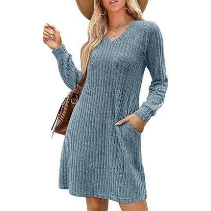 Women's V Neck Sweater Dress Long Sleeve Casual Knee Length Dress with Pocket