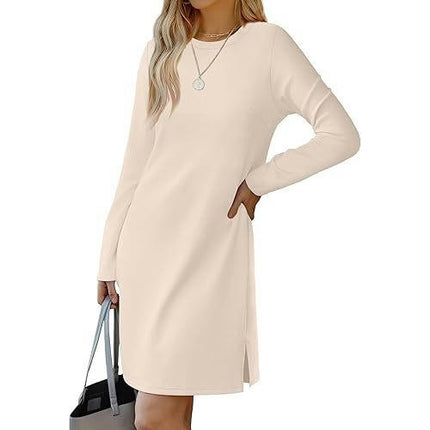 Women's Fall Casual Plain Long Sleeve T-Shirt Dresses Crewneck Loose Split Dress