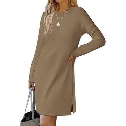 Women's Fall Casual Plain Long Sleeve T-Shirt Dresses Crewneck Loose Split Dress