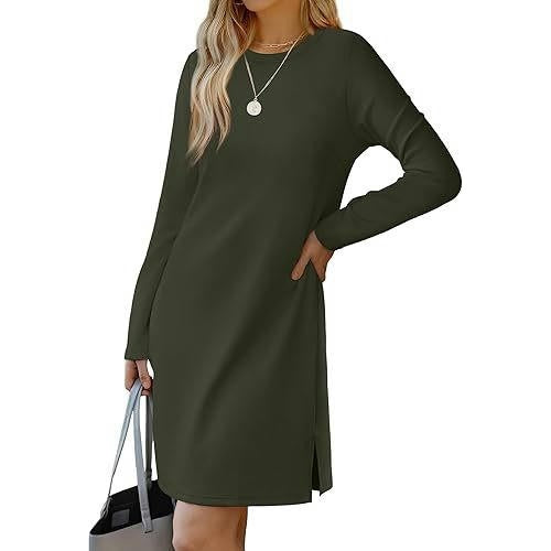 Women's Fall Casual Plain Long Sleeve T-Shirt Dresses Crewneck Loose Split Dress