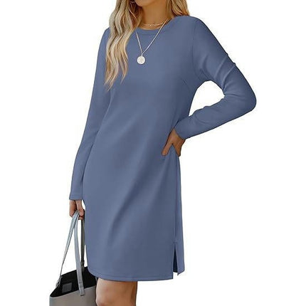 Women's Fall Casual Plain Long Sleeve T-Shirt Dresses Crewneck Loose Split Dress