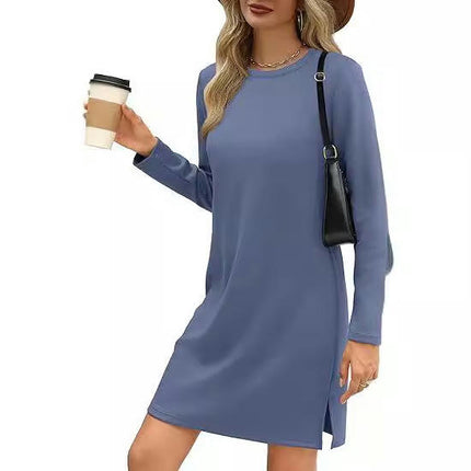 Women's Fall Casual Plain Long Sleeve T-Shirt Dresses Crewneck Loose Split Dress