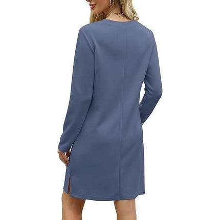 Women's Fall Casual Plain Long Sleeve T-Shirt Dresses Crewneck Loose Split Dress