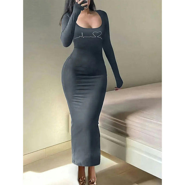 Womens Casual Long Sleeve Bodycon Dress SexyScoop Neck Soft Maxi Dresses