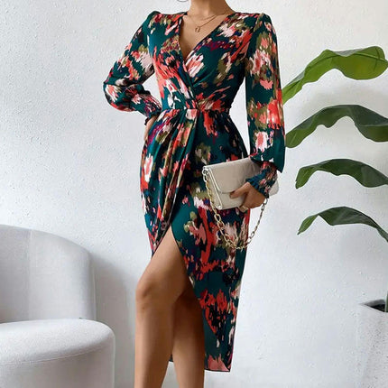 Women's Casual Long Sleeve Midi Dress V Neck Floral Print Bodycon Split Long Dresses