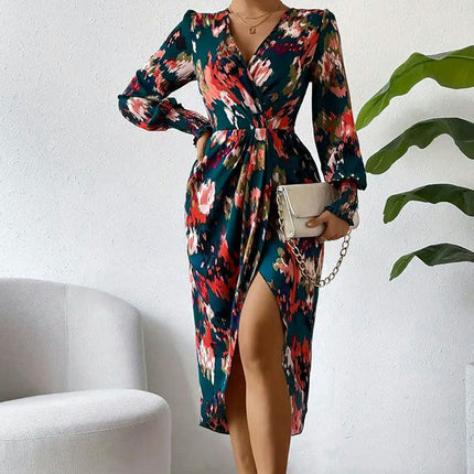 Women's Casual Long Sleeve Midi Dress V Neck Floral Print Bodycon Split Long Dresses