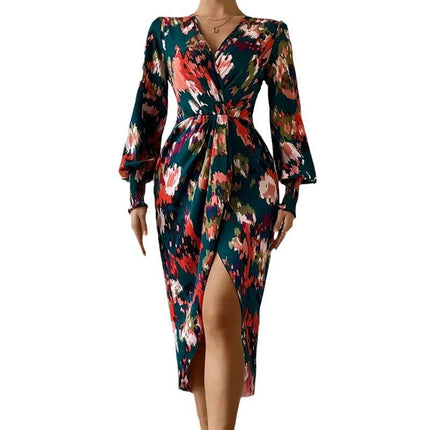 Women's Casual Long Sleeve Midi Dress V Neck Floral Print Bodycon Split Long Dresses