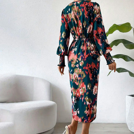 Women's Casual Long Sleeve Midi Dress V Neck Floral Print Bodycon Split Long Dresses