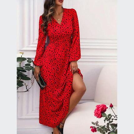 Women Long Sleeve V Neck Maxi Dress Boho Long Dress High Waisted A-Line Dresses