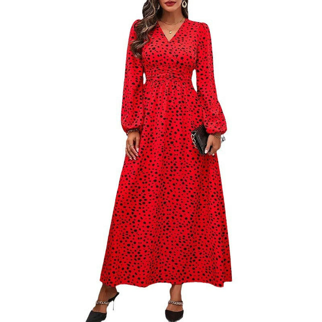 Women Long Sleeve V Neck Maxi Dress Boho Long Dress High Waisted A-Line Dresses