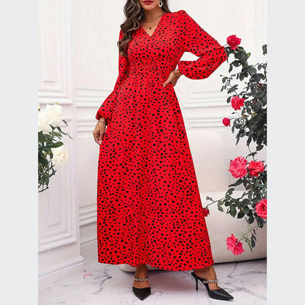 Women Long Sleeve V Neck Maxi Dress Boho Long Dress High Waisted A-Line Dresses