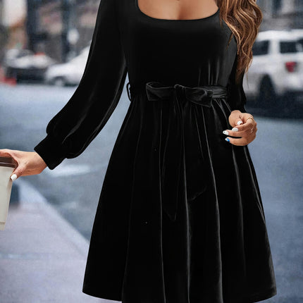 Women's Puff Long Sleeve Velvet Sexy Square Neck A Line Mini Club Party Dresses